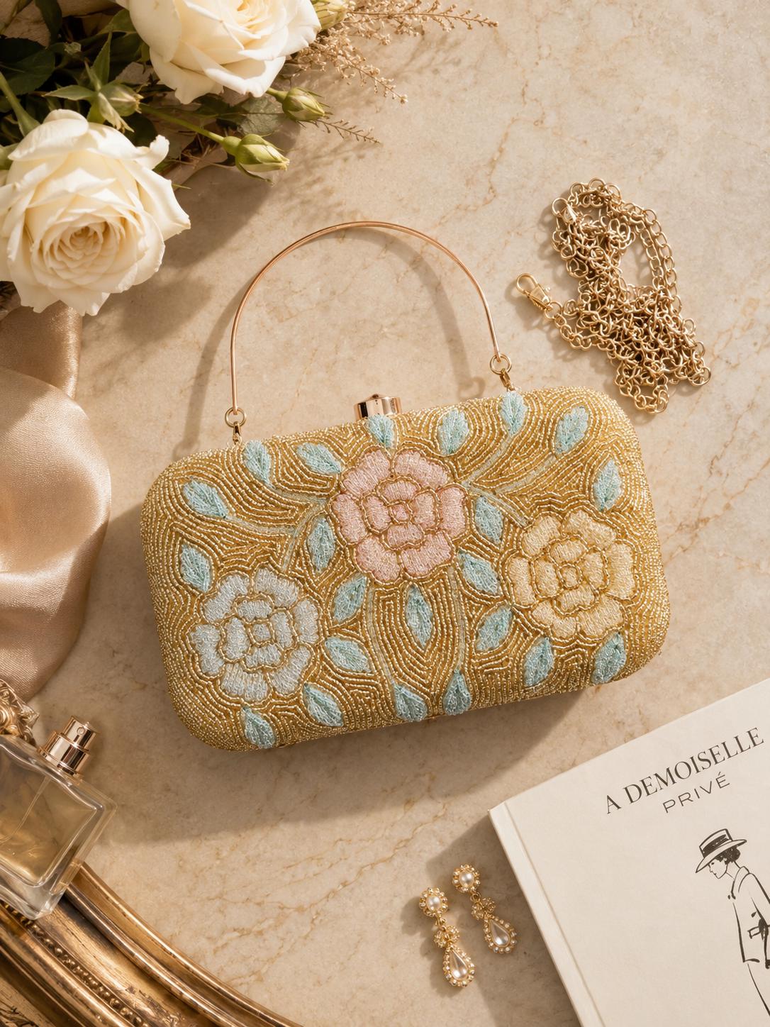 Beaded Evening Clutch, Gold, Blush Pink, Embroidery Purse, Bridal, Mother of the Bride, Groom, Floral Handbag, Wedding Guest, Gift for her