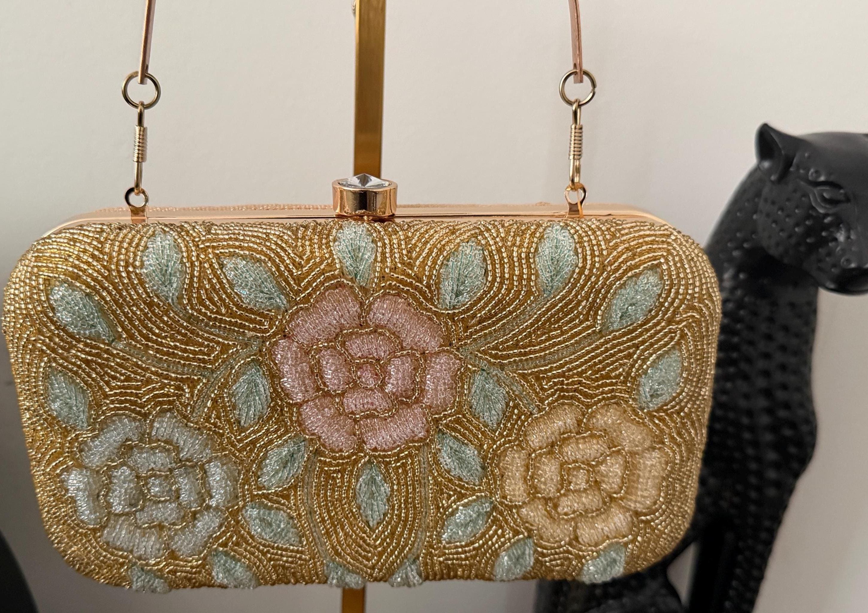 Beaded Evening Clutch, Gold, Blush Pink, Embroidery Purse, Bridal, Mother of the Bride, Groom, Floral Handbag, Wedding Guest, Gift for her