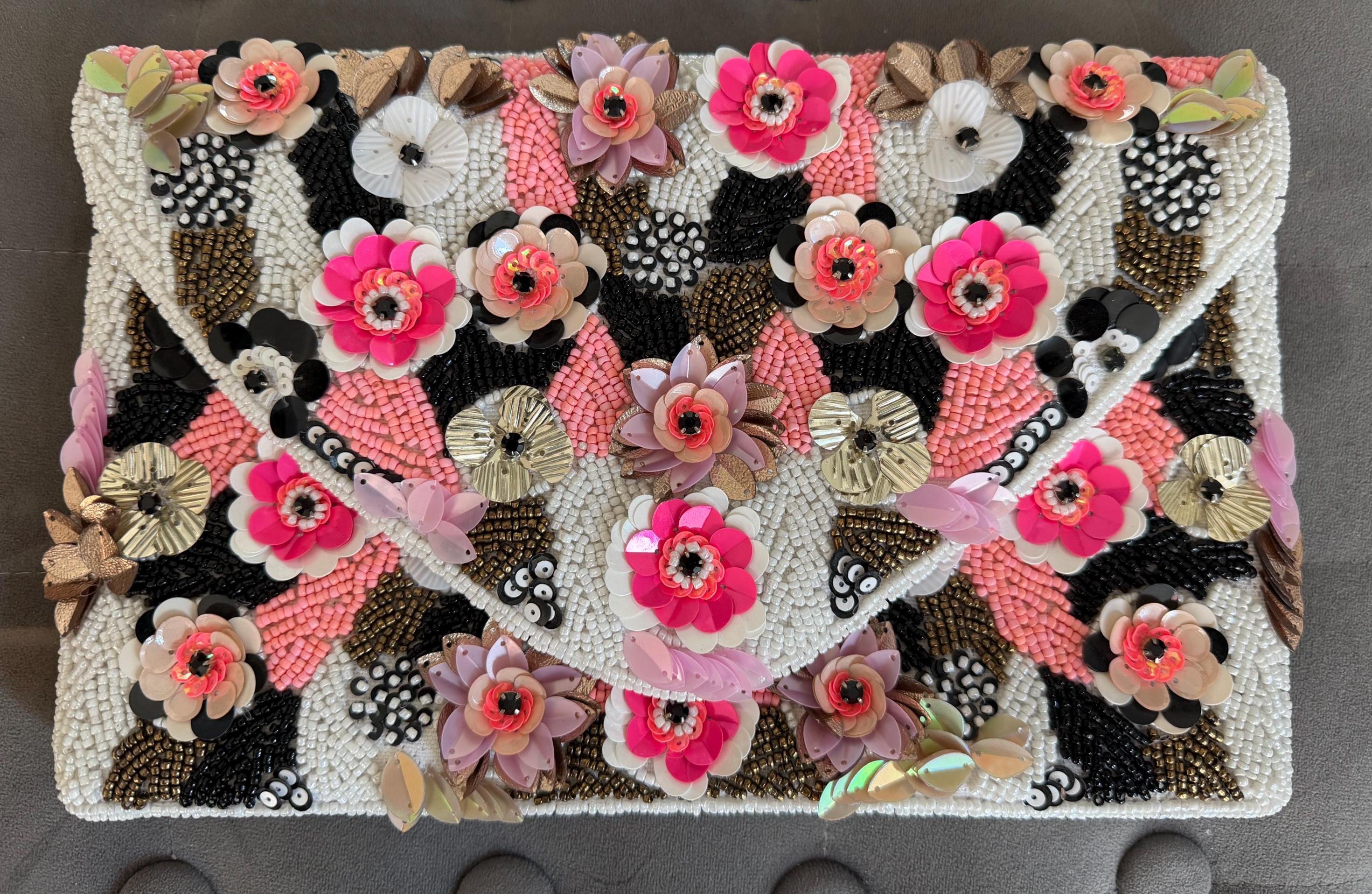 Beaded Clutch Purse, Floral, Handmade, Hot Pink, Embroidered Evening Bag, Bridal, Wedding Reception, 3D Sequin Handbag, Summer, Gift for her