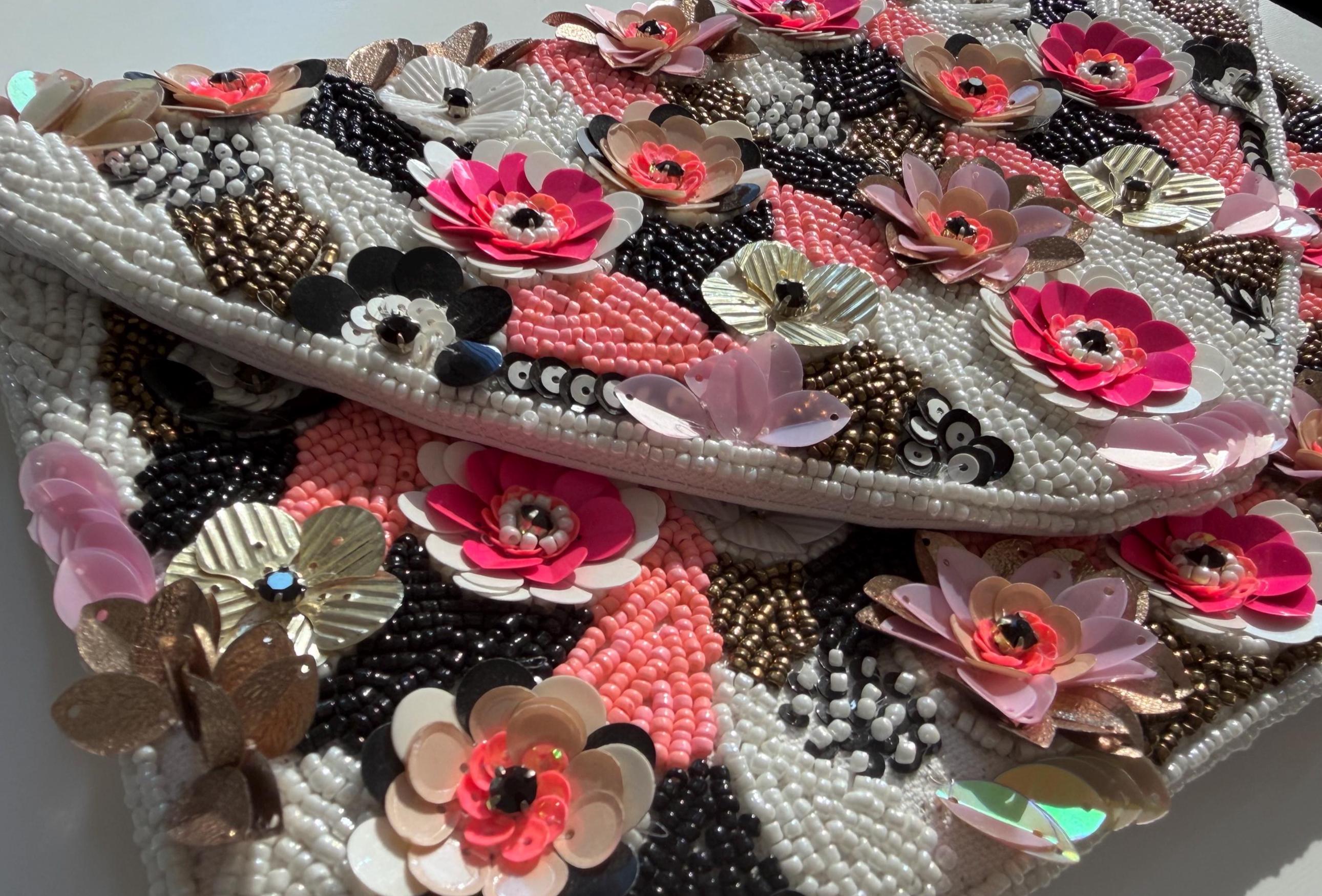 Beaded Clutch Purse, Floral, Handmade, Hot Pink, Embroidered Evening Bag, Bridal, Wedding Reception, 3D Sequin Handbag, Summer, Gift for her