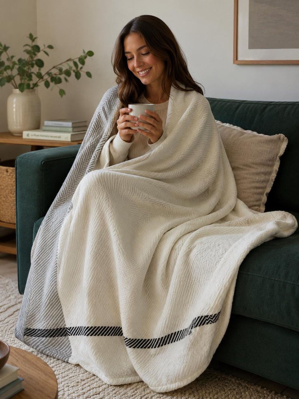 Cashmere Throw Blanket for Sofa, Ivory, Grey Accent Stripe, Cozy Travel Blanket, Handmade Kashmiri, Housewarming Gift, Luxury Home Decor