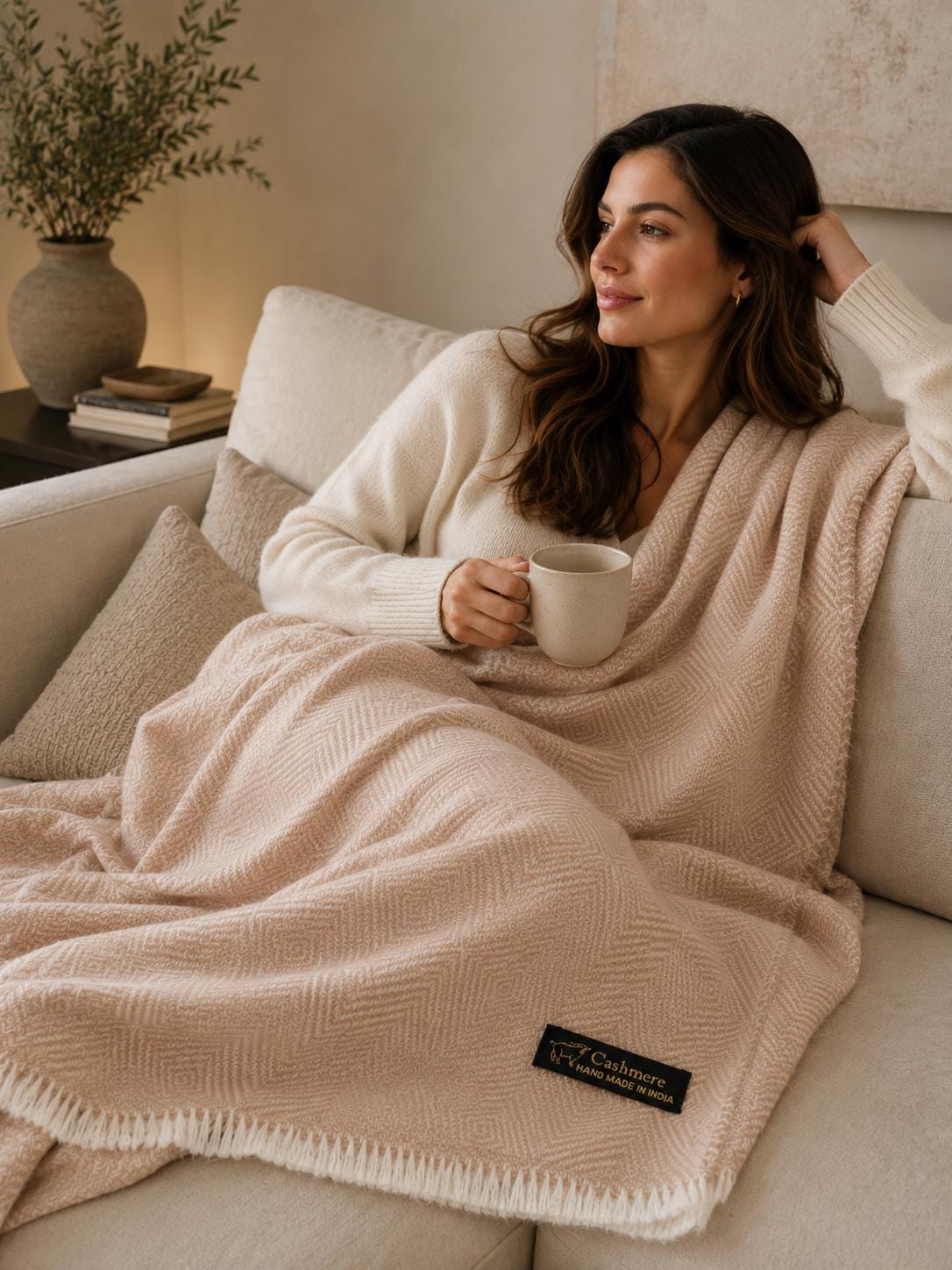 Cashmere Throw Blanket for Sofa, Couch, Almond, Handwoven Wool, Soft, Travel Blanket, Handmade Kashmir,  Housewarming Gift, Cozy Home Decor