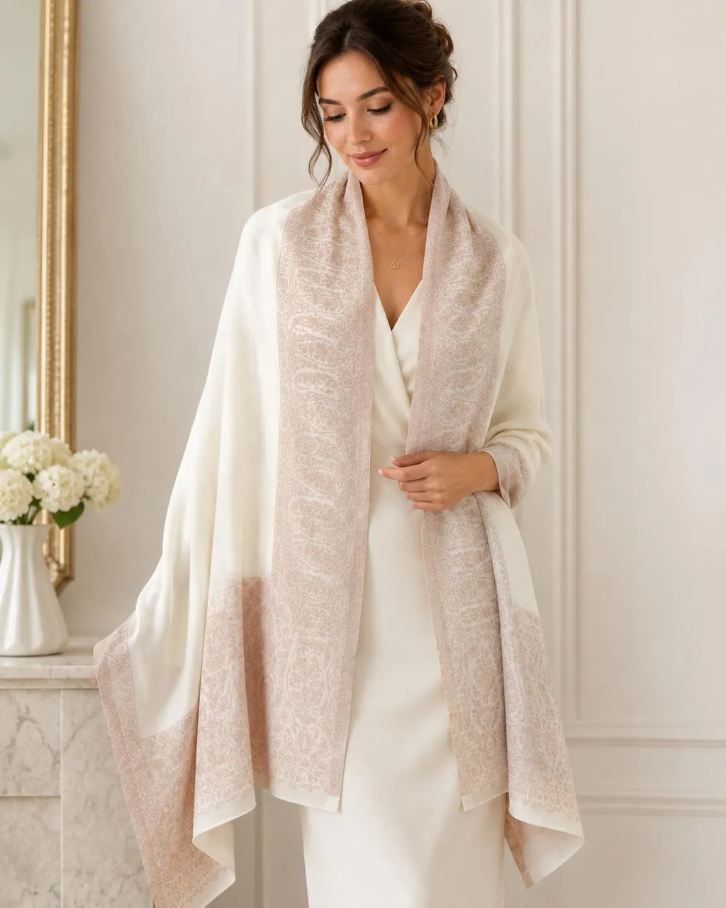 Cream Ivory Pashmina Shawl - Blush Sozni Embroidery