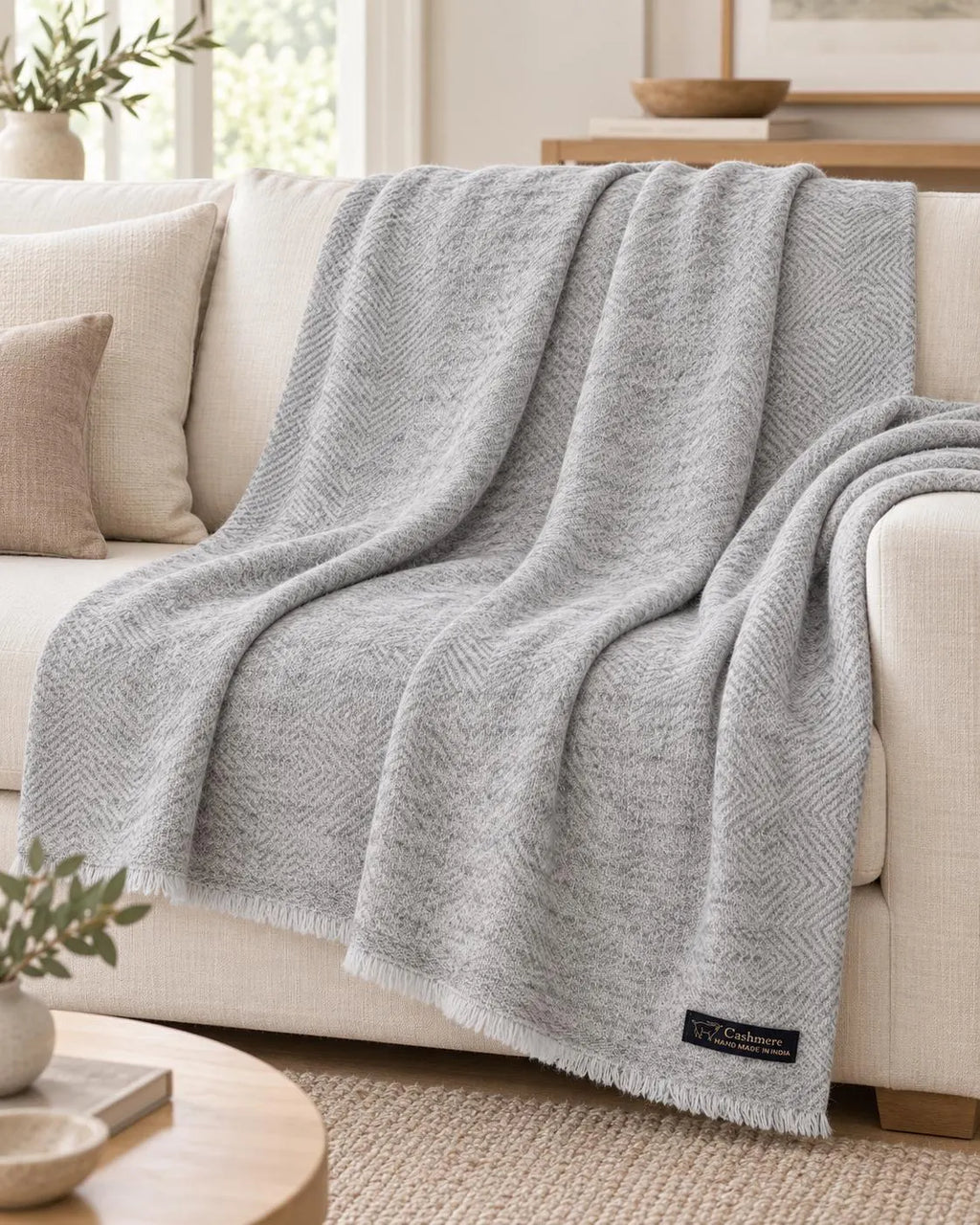 Light Gray Cashmere Throw Blanket | Handmade in Kashmir