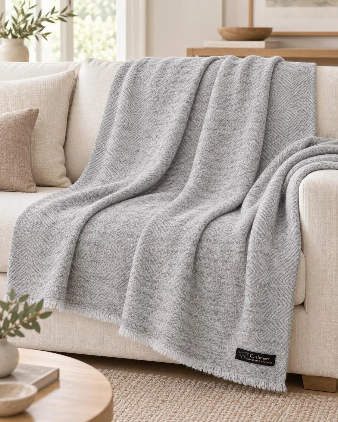 Light Gray Cashmere Throw Blanket | Handmade in Kashmir