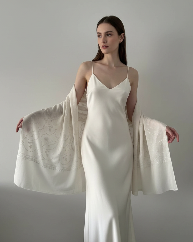 Woman wearing a white slip dress holding a matching shawl against a plain background