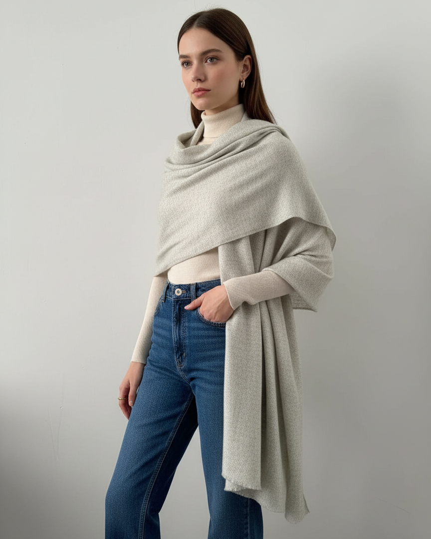 Woman wearing a shawl over a white turtleneck and blue jeans on a gray background