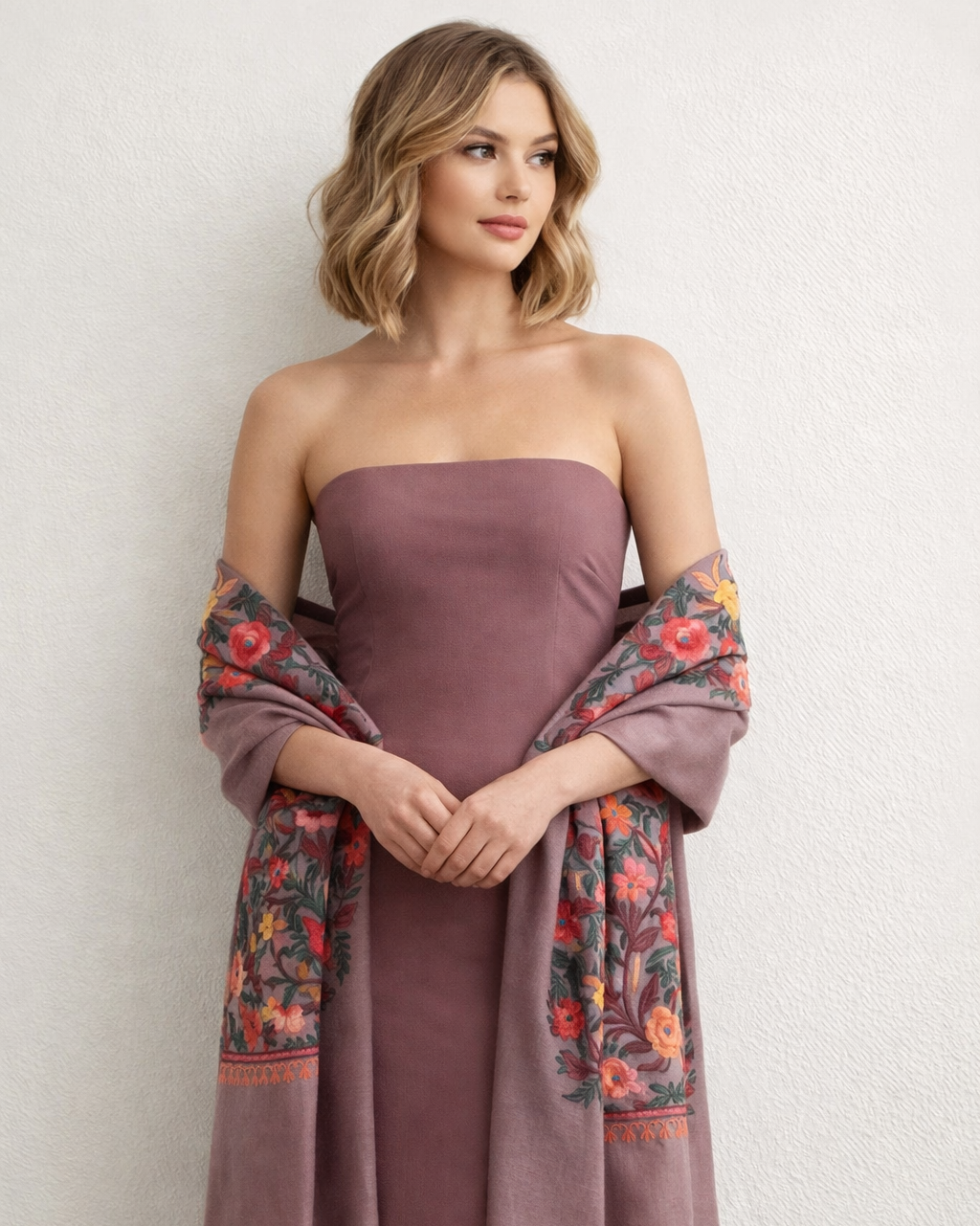 Woman wearing a strapless dress with a floral shawl over her shoulders against a white background