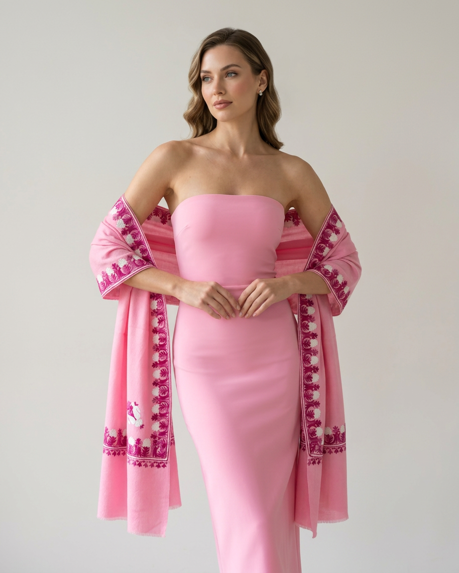 Woman wearing a pink strapless dress with a matching shawl on a plain background