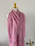 Pink fabric with blue patterns on a white background