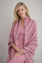 Authentic Pashmina Shawl, Pink with Blue Sozni Embroidery, Handcrafted in Kashmir