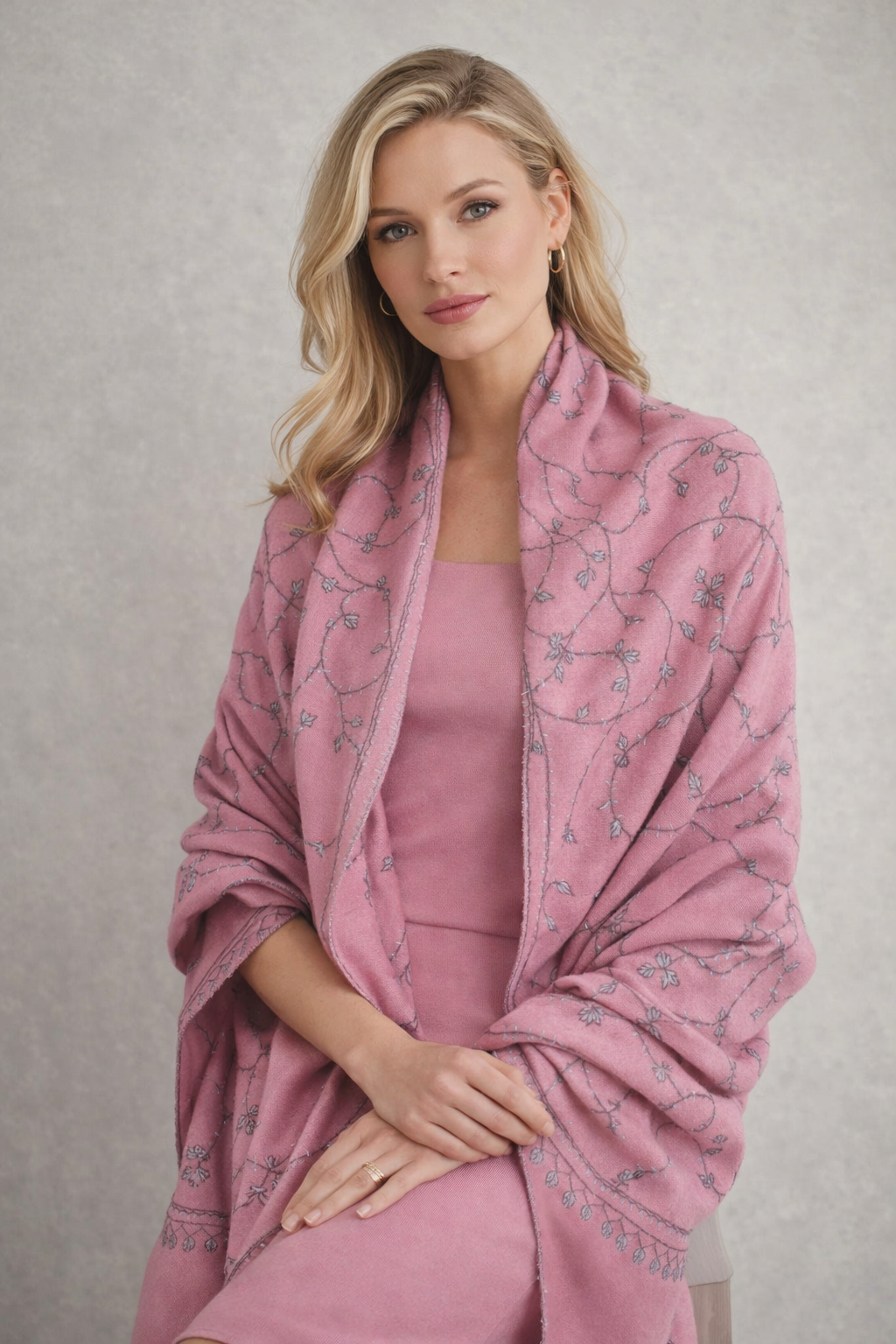 Authentic Pashmina Shawl, Pink with Blue Sozni Embroidery, Handcrafted in Kashmir