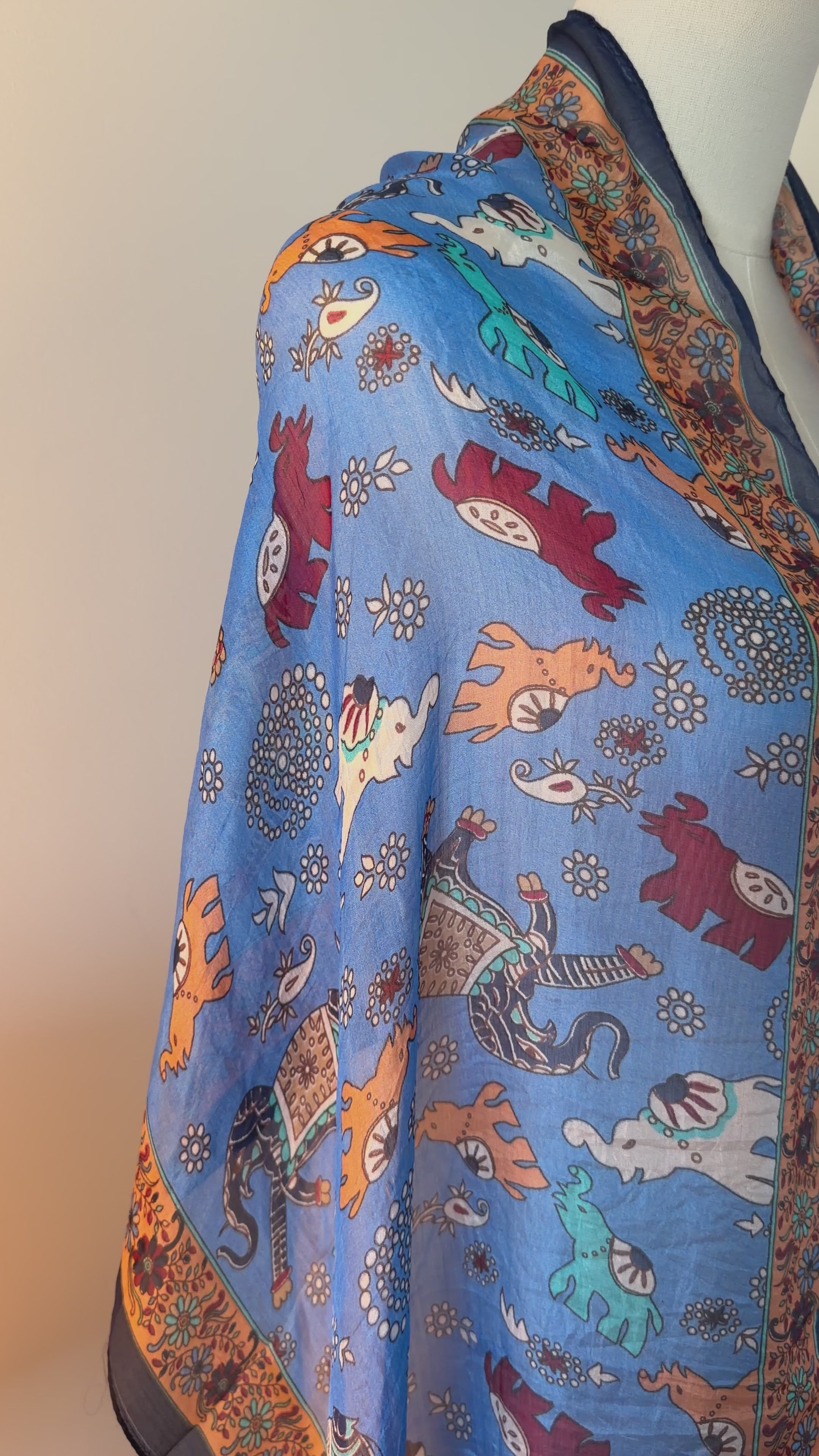 100% Silk Scarf, Elephant Floral Print, Blue, Lightweight, Artisan Handcrafted in India Wrap