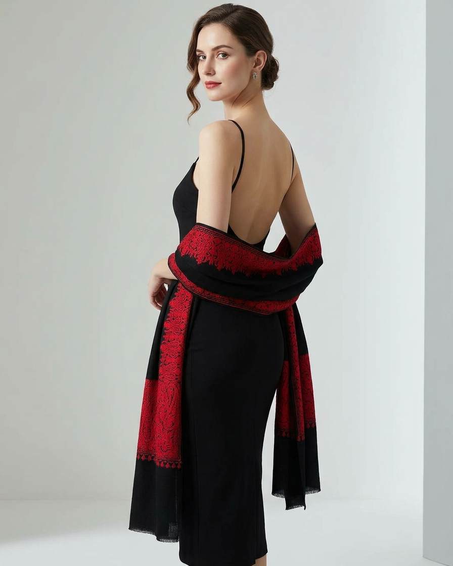 Woman wearing a black dress with a red and black scarf on a white background
