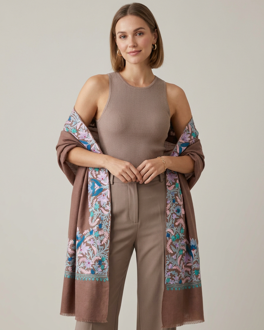 Woman wearing a brown outfit with a patterned shawl on a plain background