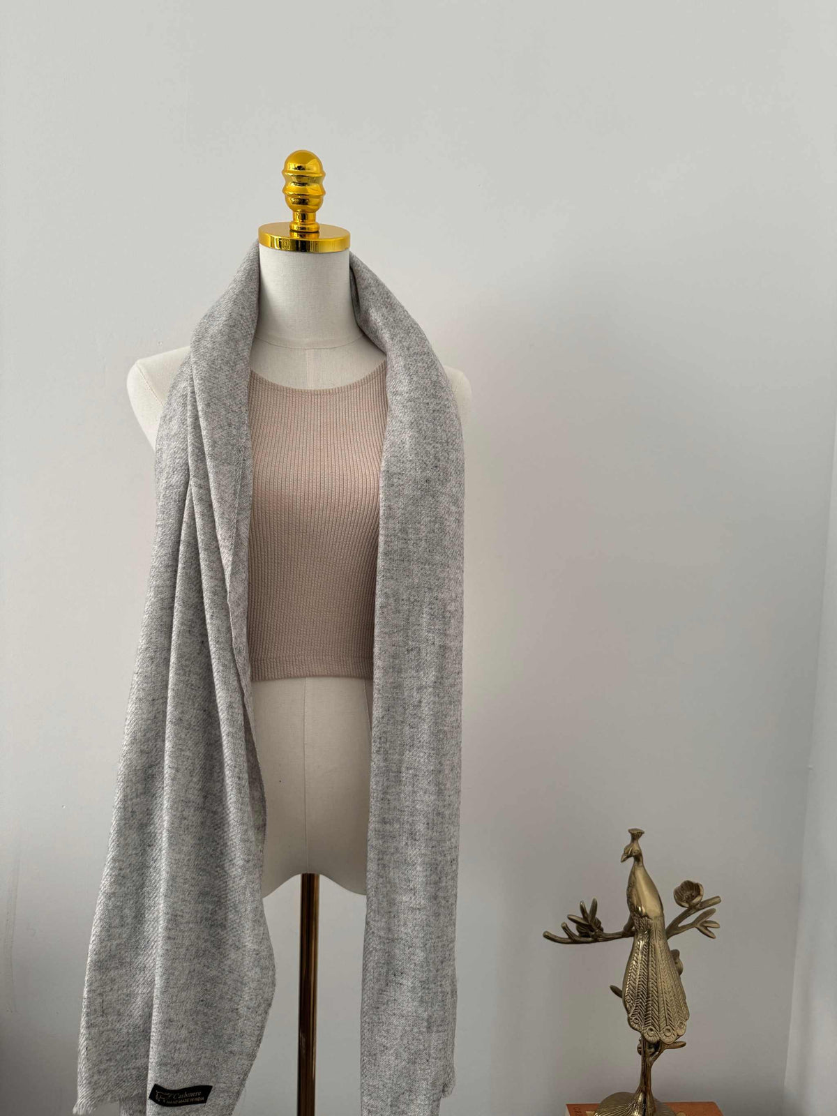 Light gray unisex cashmere shawl handcrafted in Kashmir, undyed and soft